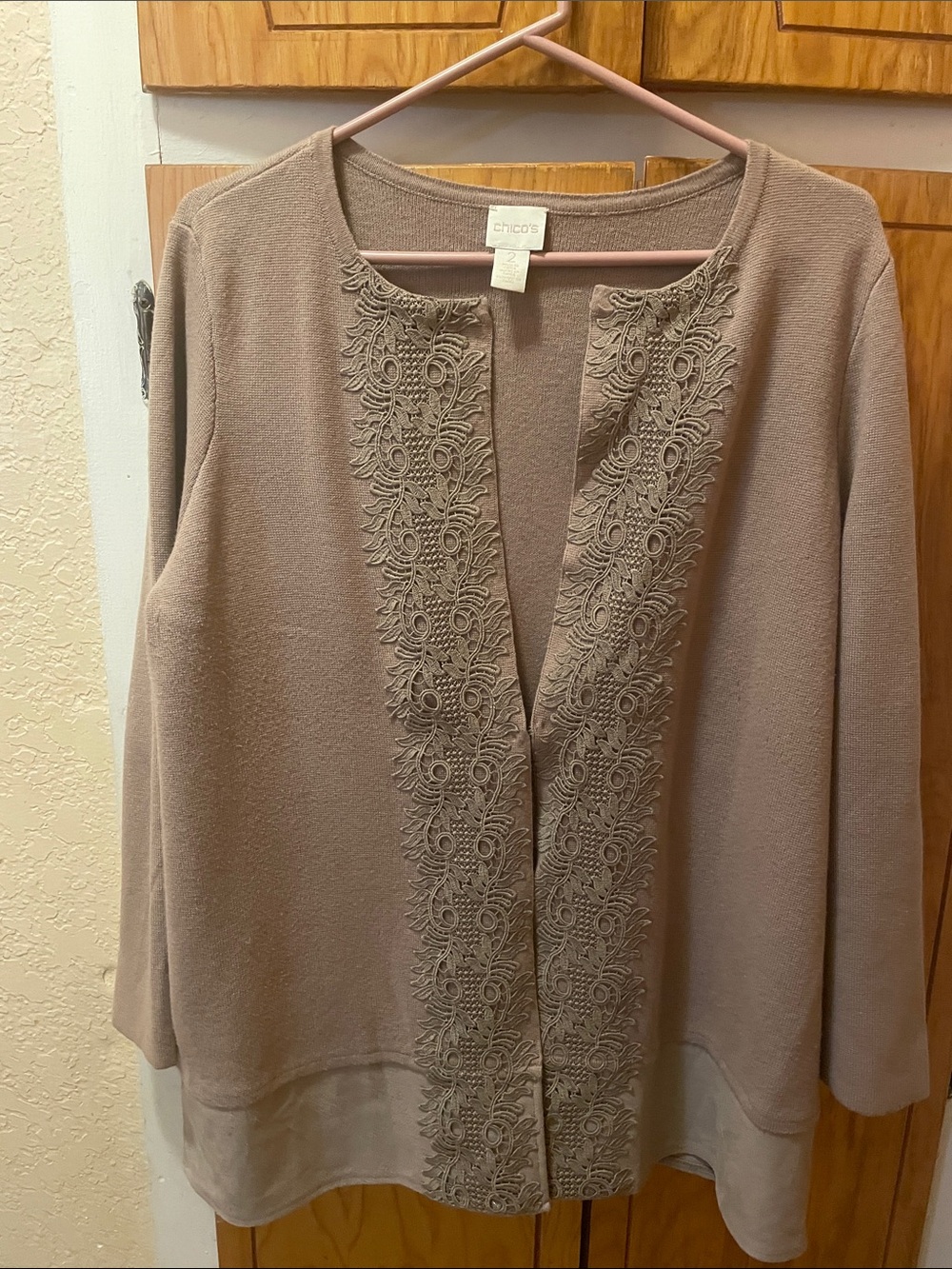 Chico's Taupe Embroidered Open-Front Cardigan